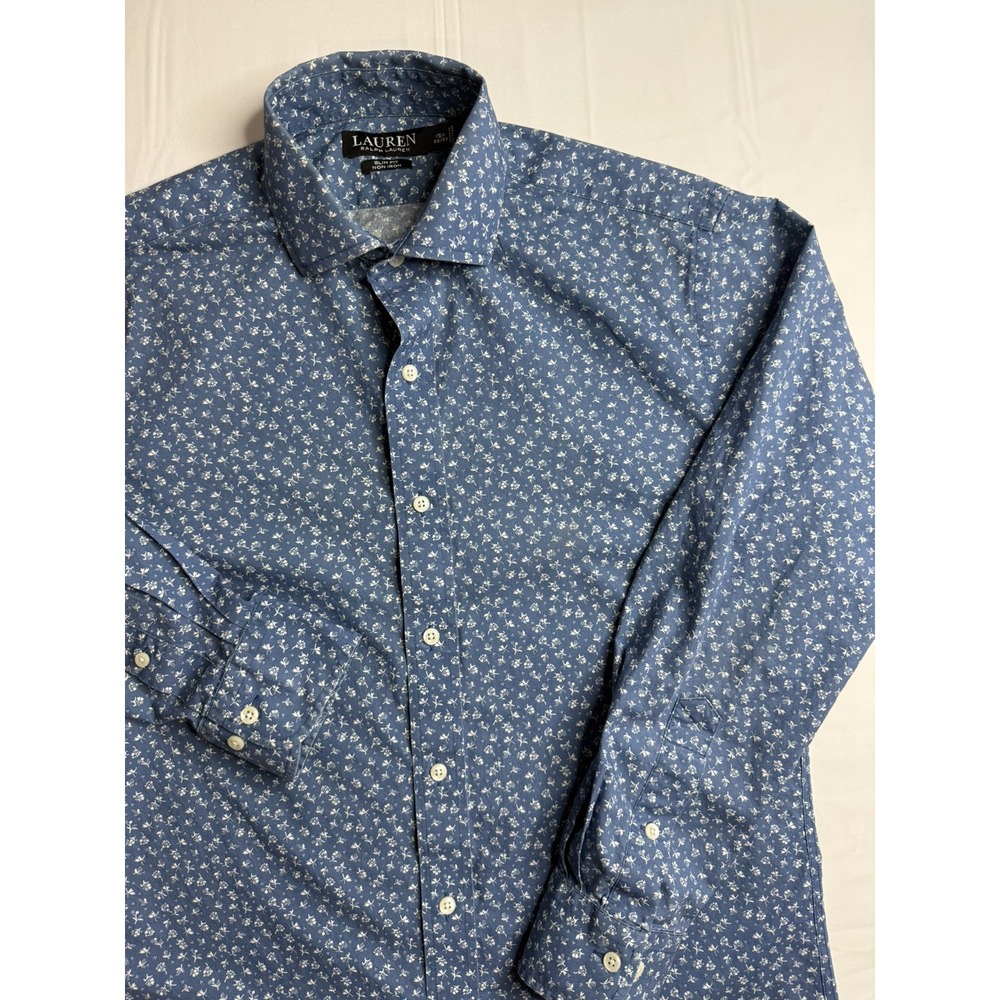 Lauren Ralph Lauren Black Label Button Down Mens 15.5 32/33 Slim Fit Blue Floral - Picture 2 of 10